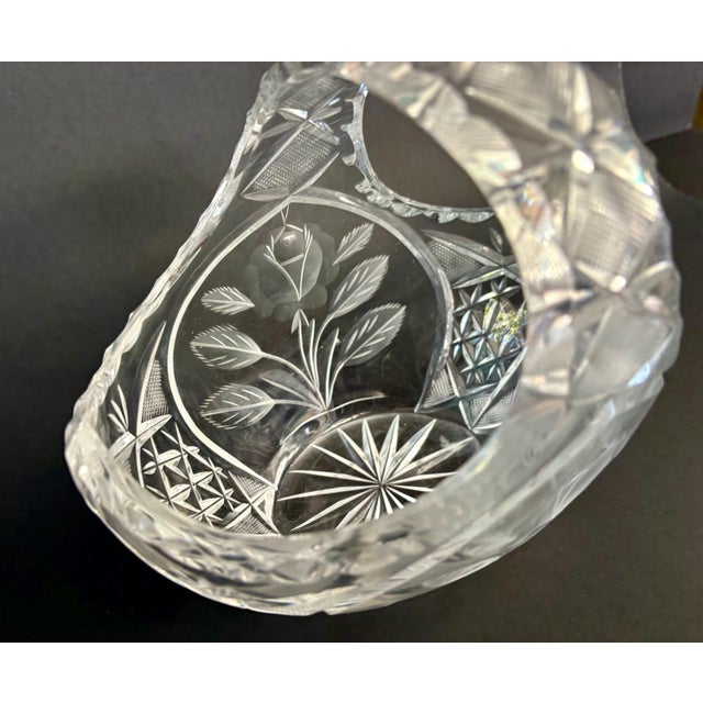 Traditional Vintage Crystal Bridal Basket With Etched Rose & Cut Glass – 6" Wedding Centerpiece, Germany - Bavarian Glass For Sale - Image 3 of 8