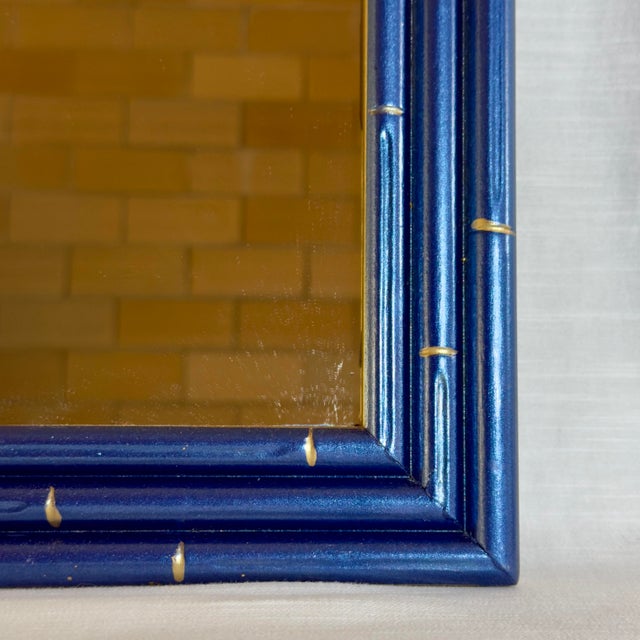 Mid 20th Century Chic Vintage Palm Beach Regency Medium Faux Bamboo Wall Mirror Newly Painted Blue With Hand Gilt Accents For Sale - Image 5 of 12