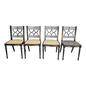 Set Four Baker Historic Charleston Decorated Ebonized Wood and Cane Side Chairs
