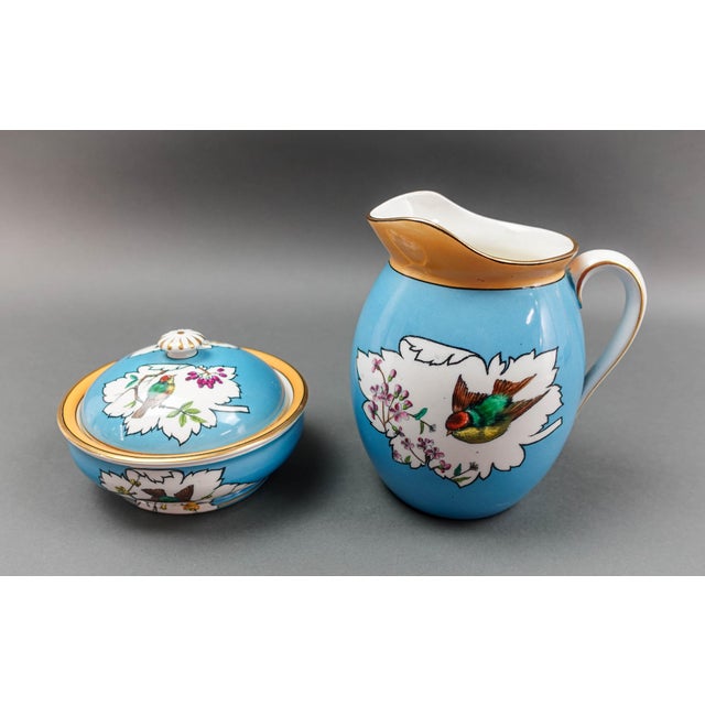 Minton England Antique Birds Turquoise Porcelain Soap Dish & Pitcher Set. Measures approximately: Soap Dish: 5" diameter,...