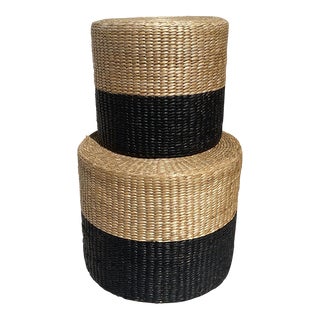 Vintage Black/Tan Natural Seagrass Nesting Stools-Pair For Sale