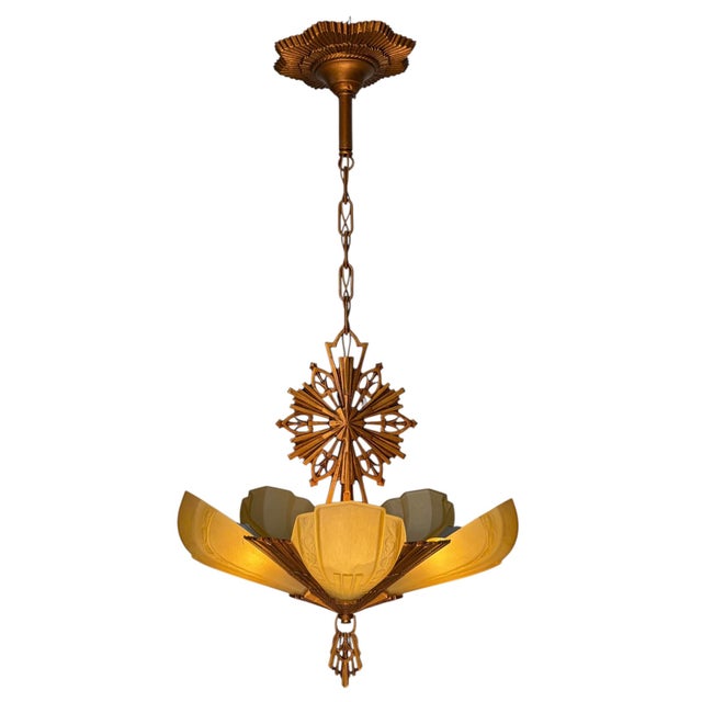 Metal 1930s Art Deco “Rayburn” 5 Light Slip Shade Chandelier For Sale - Image 7 of 9
