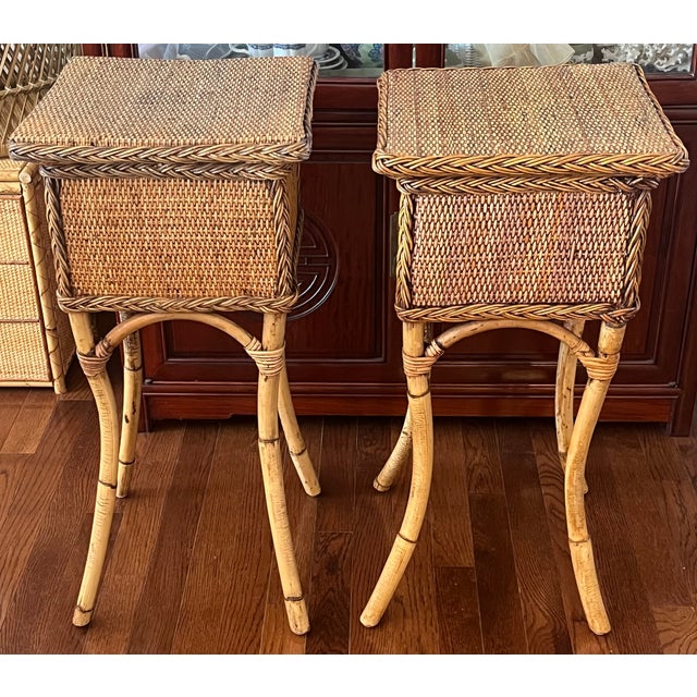 Vintage Coastal rattan and wicker cocktail / drink tables, side tables, or plant stands. These charming tables feature...