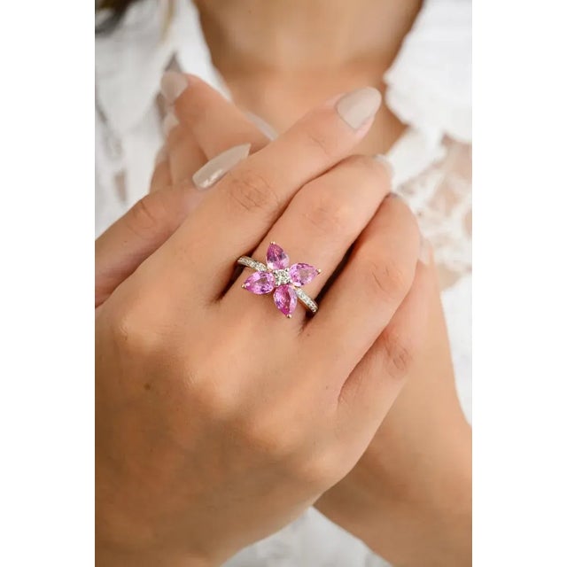 Not Yet Made - Made To Order Pear Cut Pink Sapphire Diamond Floral Ring for Wedding Ring Size 7 For Sale - Image 5 of 12