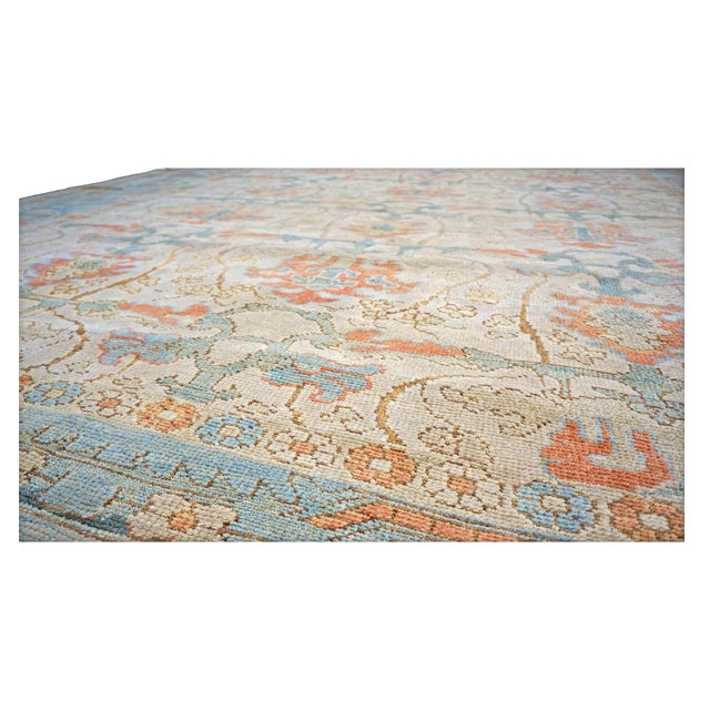 21st Century Turkish Donegal Wool 10x13 Ivory, Blue & Orange Handmade Area Rug #1140172 For Sale In Houston - Image 6 of 7