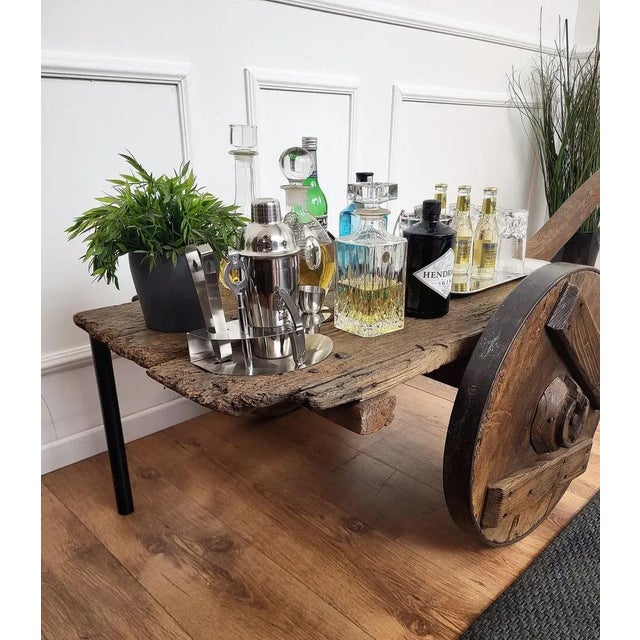 Primitive Rustic Minimal Italian Wrought Iron Wheels Bar Table in Wood, 1890s For Sale - Image 5 of 11