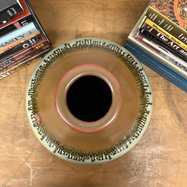 Brown Round Celadon Green & Brown Ceramic Drip Design Vase For Sale - Image 8 of 8