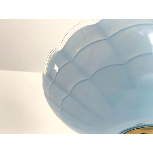 Gorgeous 1940s glossy glass flush mount ceiling light in a soft sky blue with subtle ribs, scalloped transparent border,...