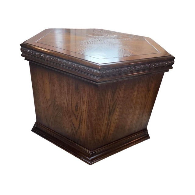 Pair of Vintage Carved Wood Hexagonal End Tables With Parquetry Tops & Storage For Sale - Image 6 of 12