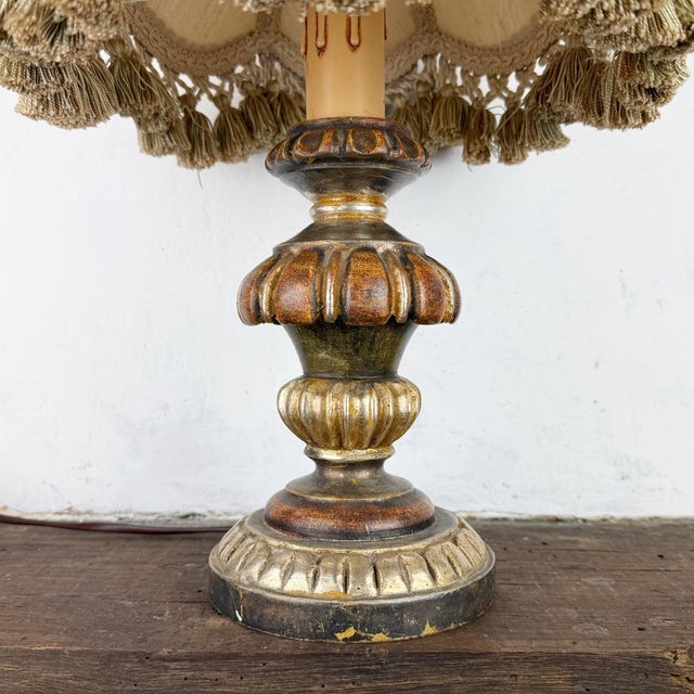 Baroque Vintage Italian Silk Lampshade Carved Wood Table Lamp, 1980s For Sale - Image 3 of 16