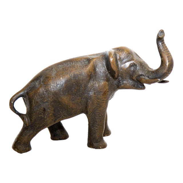 Oriental Cast Bronze Elephant Sculpture With Trunk Up For Sale
