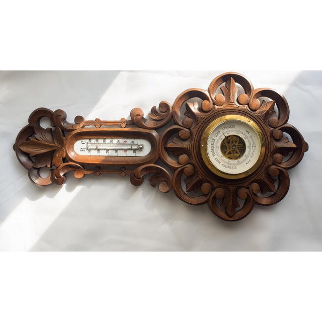 Brown 1893 Antique German Aneroid Barometer Thermometer by (g.l.). Hand-Carved Case and Glass Thermometer With Beveled Edges For Sale - Image 8 of 11