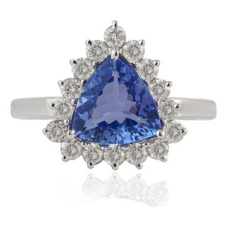 Victorian 1.38ct Trillion-Cut Tanzanite & Diamond Halo Ring 18k White Gold Size 9 For Sale