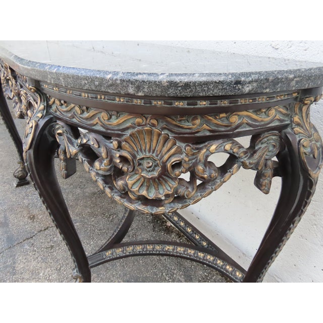 Black French Painted Black Heavy Carved Marble Top Large Long Console Entry Table 6381 For Sale - Image 8 of 12