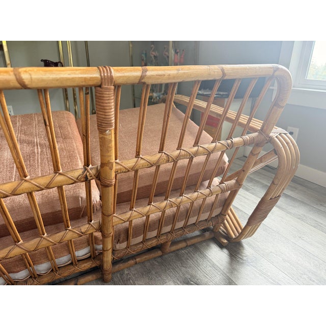 Vintage Six-Strand Square Pretzel Rattan Sofa + Pair of Lounge Chairs, Style of Paul Frankl For Sale - Image 13 of 14