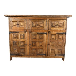 Antique Spanish Carved Oak Iron Tuscan Credenza Sideboard For Sale