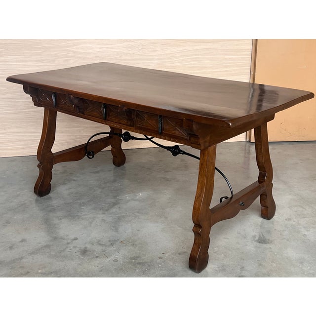 Wood 20th Century Solid Walnut Baroque Lyre-Leg Trestle Refectory Desk Writing Table For Sale - Image 7 of 11