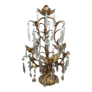 Vintage Italian Tole French Provincial Floral Crystal Candelabra Table Sconce For Sale