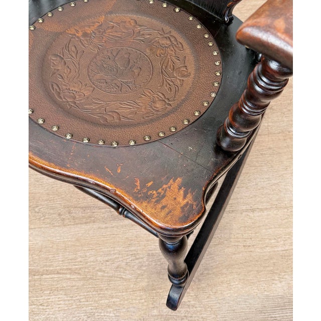 Antique Victorian Carved Oak & Leather Tufted Rocking Chair For Sale - Image 12 of 15
