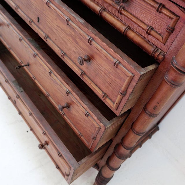 Brown Dark Pine Faux Bamboo Chest of Drawers, Late 19th Century For Sale - Image 8 of 16