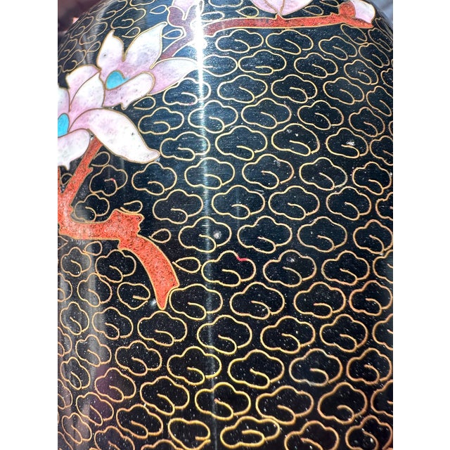 Vintage Chinese Black Cloisonné Enamel Peony & Butterfly Vase, 8" For Sale - Image 9 of 13