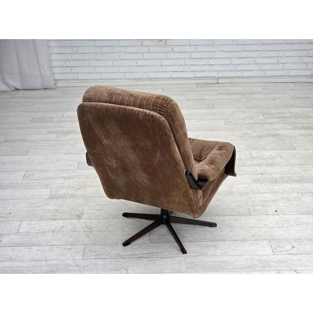 Wood Danish Swivel Armchair in Corduroy and Dark Beechwood, 1970s For Sale - Image 7 of 16
