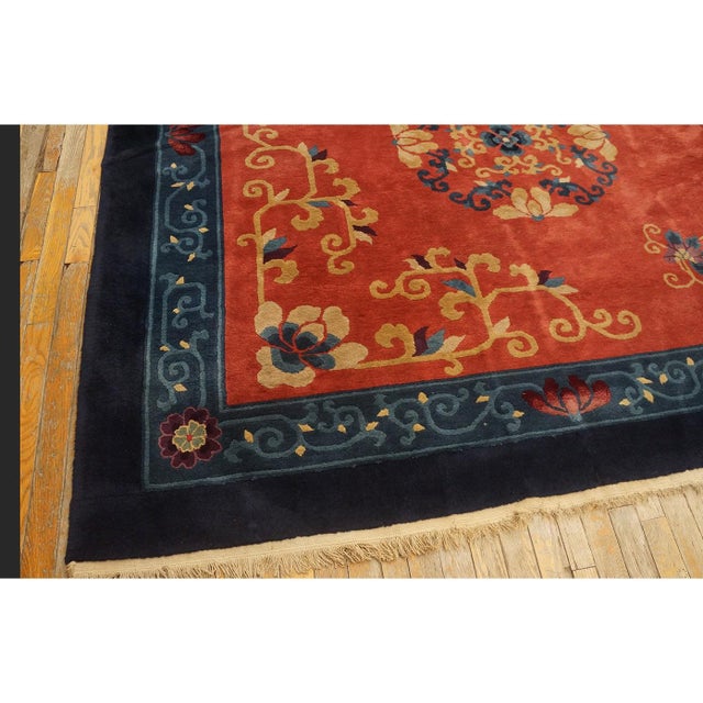 1920s Burnt Orange Field Floral Deco Oriental Antique Chinese Peking Knotted Rug For Sale - Image 10 of 10