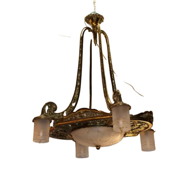 Early 20th Century Antique Art Deco - Neoclassical Brass Chandelier For Sale - Image 5 of 7