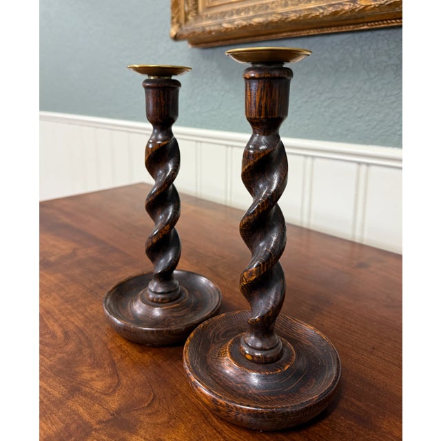 Antique English Barley Twist Candlesticks Candle Holders Oak Pair 10.5" Tall For Sale - Image 11 of 17