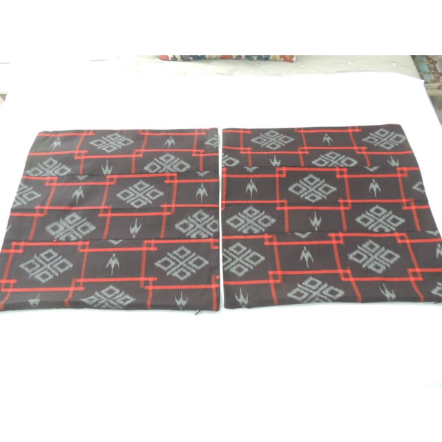 Modern Red & Black Cotton Ikat Pattern Woven Bolster Pillows Covers - Set of 2 For Sale - Image 3 of 5