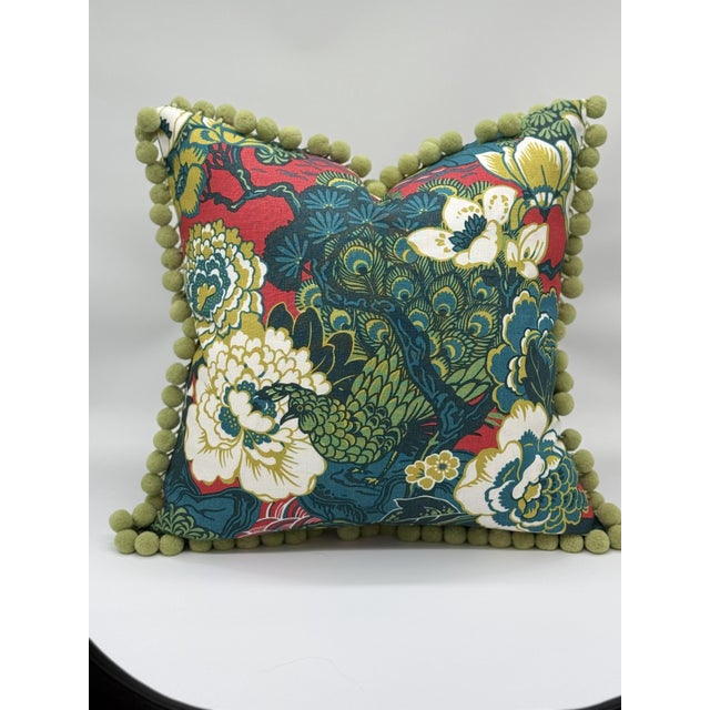 Chinoiserie Schumacher Shanghai Pillow Cover in Peacock With Green Pom Trim For Sale - Image 3 of 4
