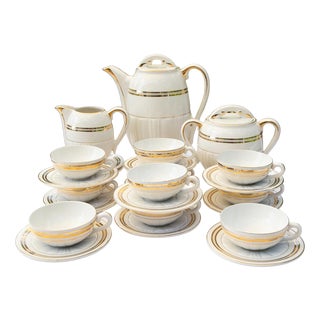 French Earthenware Coffee Set for 10 with Hamage Gold Rim, 1930s, Set of 25 For Sale