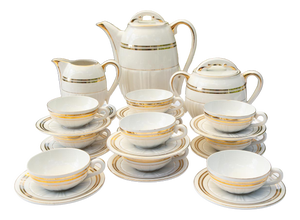 French Earthenware Coffee Set for 10 with Hamage Gold Rim, 1930s, Set of 25