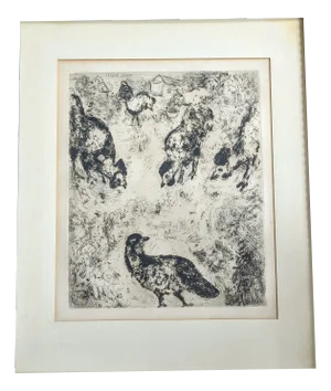Marc Chagall, The Partridge and the Roosters, Original Etching, 1952