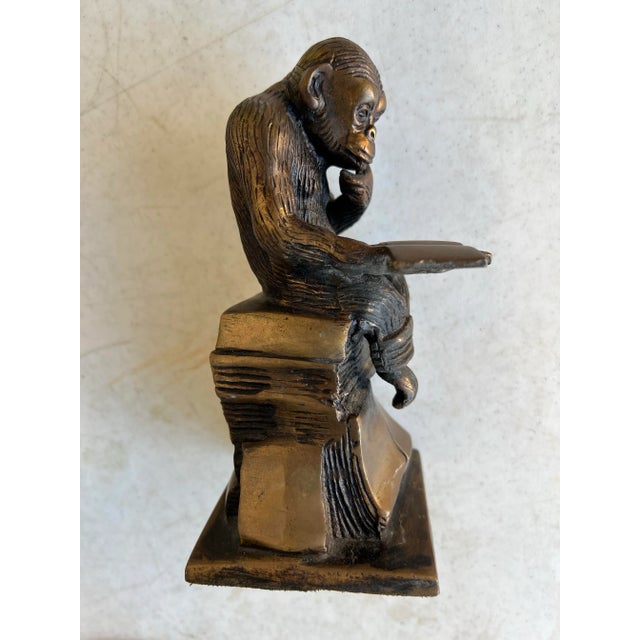 Mid 20th Century Vintage Brass Cast Chimpanzee Reading Book Bookend For Sale - Image 5 of 5