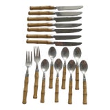 Bamboo Vintage Tableware Bamboo Handle Stainless Flatware Set of 16 Pieces For Sale