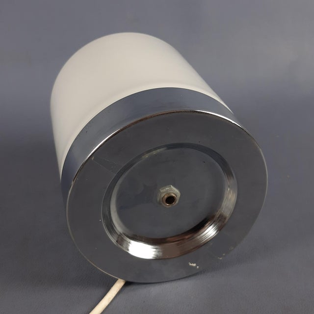 Modern Cylindrical Table Lamp in White Glass with Chrome Metal Base, 1970s For Sale - Image 9 of 16