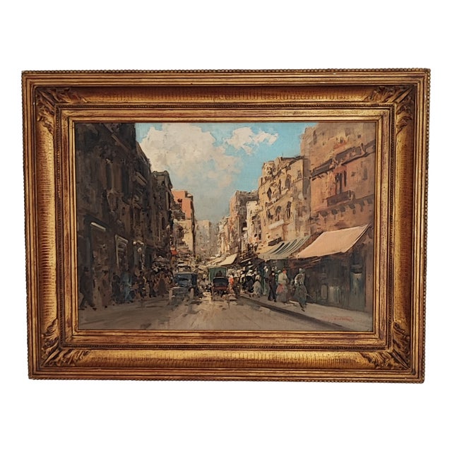 Ezelino Briante, Busy Shopping Street, Oil on Cardboard, 1960s, Framed For Sale