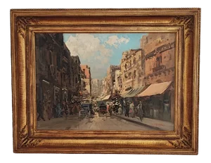 Ezelino Briante, Busy Shopping Street, Oil on Cardboard, 1960s, Framed