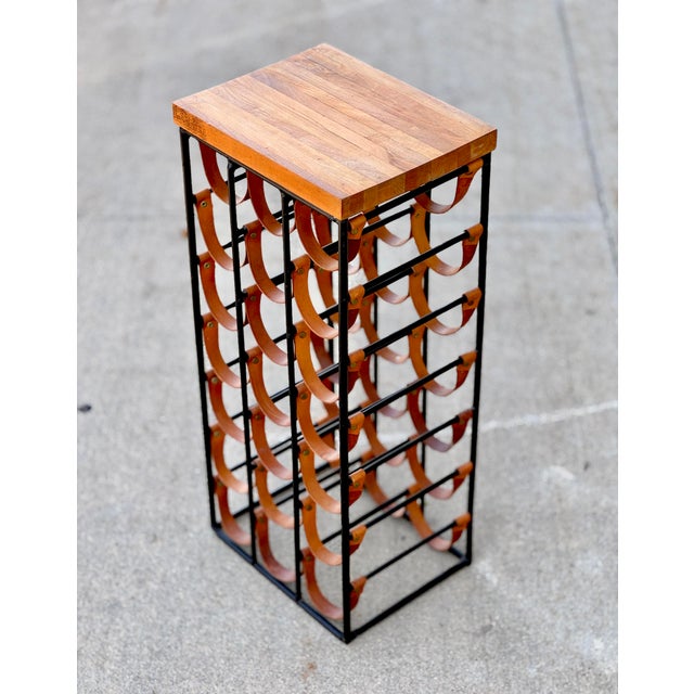 Arthur Umanoff Mid-Century Modern 21 Bottle Wine Rack in Leather & Wrought Iron W/ Butcher Block Top Attributed Arthur Umanoff, Usa, C. 1960s For Sale - Image 4 of 5