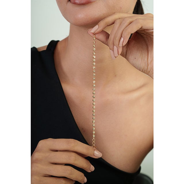 White Modern Minimalist Bezel Set Diamond Tennis Bracelet in 14k Yellow Gold 7 Inches For Sale - Image 8 of 16