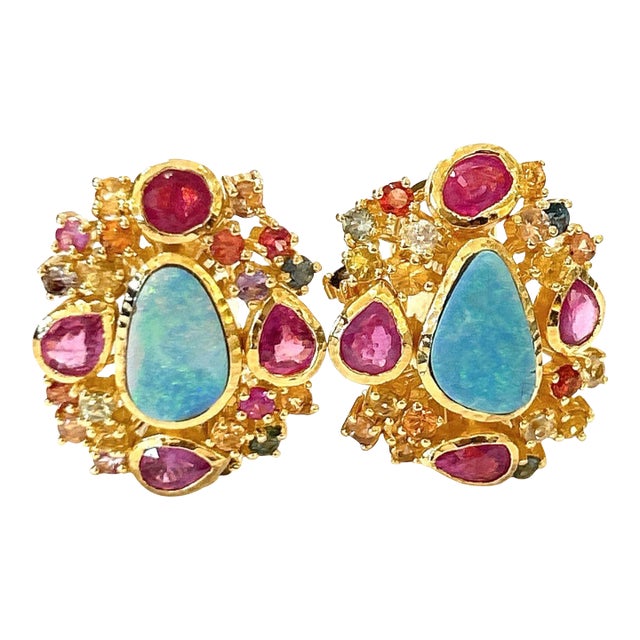 Bochic “Orient” Opal, Ruby, Sapphire & Multi Gem Earrings Set 18k Gold & Silver - 2 Pieces For Sale