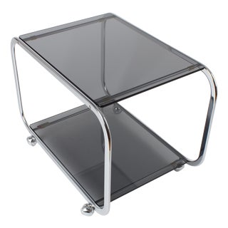 Vintage Chrome and Smoked Glass 2-Tier Coffee Table on Casters, 1970s For Sale