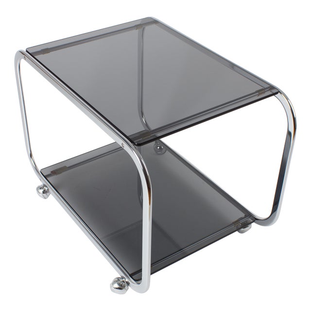 Vintage Chrome and Smoked Glass 2-Tier Coffee Table on Casters, 1970s For Sale