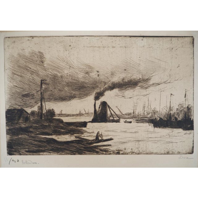 Maximilian LUCE Rotterdam, sailboats at the quay and smoke in the port Around 1890 Original etching, dry point Signed in...