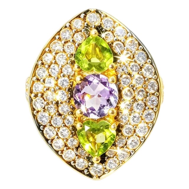 Late 20th Century 14K Gold Pave Champagne Diamond Amethyst Peridot Designer Ring, Size 7 For Sale