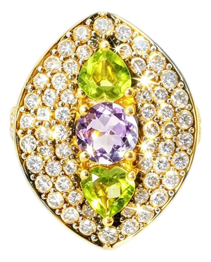 Late 20th Century 14K Gold Pave Champagne Diamond Amethyst Peridot Designer Ring, Size 7
