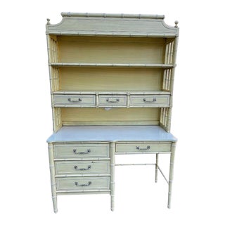 1970s Vintage Henry Link Faux Bamboo Bali Hai Desk and Display Hutch For Sale