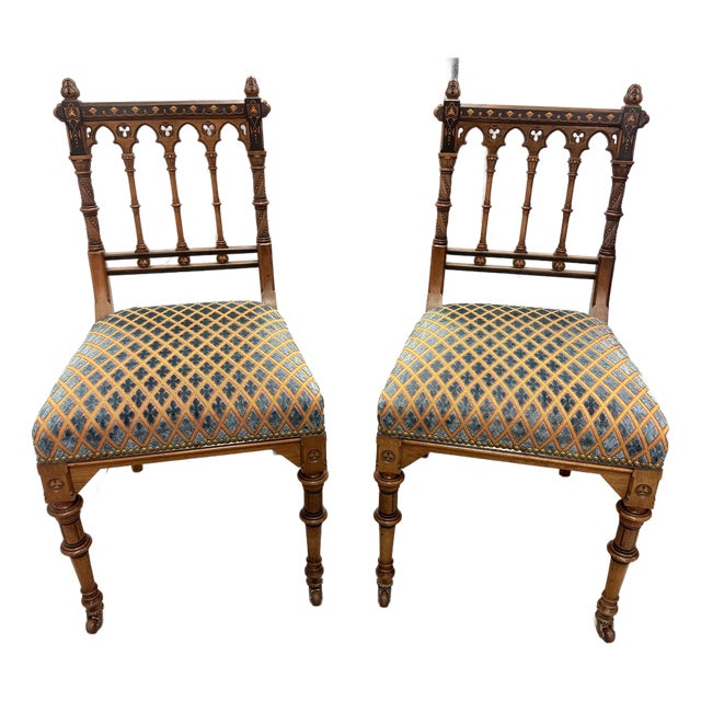 Pair of Gothic Revival Inlaid & Fine Cut Velvet Side Chairs, English, C. 1870 For Sale