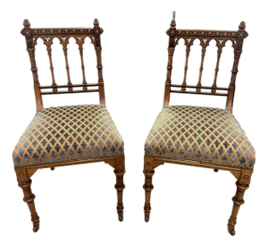Pair of Gothic Revival Inlaid & Fine Cut Velvet Side Chairs, English, C. 1870